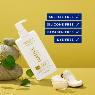 Native Coconut Milk & Turmeric Curl Care 2-in-1 Shampoo & Conditioner bottle with rocks and foliage