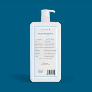 Back of Sea Salt & Cedar Full & Thick 2-in-1 Shampoo and Conditioner bottle showing ingredient list and directions