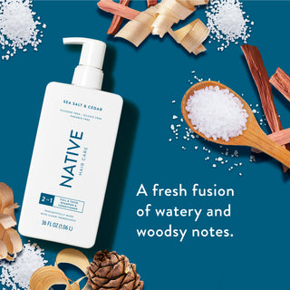Native Full & Thick 2-in-1 Shampoo and Conditioner with text “A fresh fusion of watery and woodsy notes”