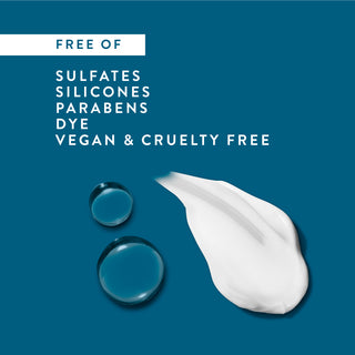 Drops of water and conditioner smear with text reading “Free of sulfates, silicones, parabens, dye, vegan & cruelty free”
