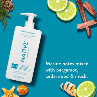 Native Moisturizing 2-in-1 Shampoo and Conditioner with text “Marine notes mixed with bergamot, cedarwood & musk”