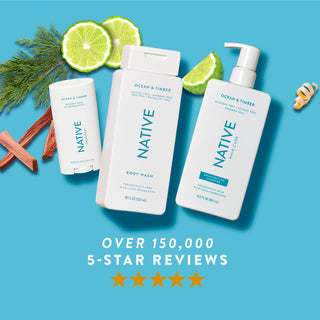 Native Ocean & Timber product collection with text reading “Over 150,000, 5-star reviews” and five yellow stars