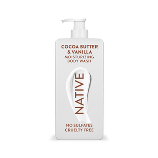 Native Cocoa Butter & Vanilla Body Wash with text reading “No Sulfates, Cruelty Free” on white bottle