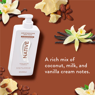 Native Cocoa Butter & Vanilla Body Wash promoting “A rich mix of coconut, milk, and vanilla cream notes”
