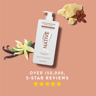 Native Cocoa Butter & Vanilla product with text reading “Over 150,000, 5-star reviews” and five stars