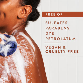 Person lathering in shower with text reading “Free of sulfates, parabens,  dye, petrolatum, vegan & cruelty free”