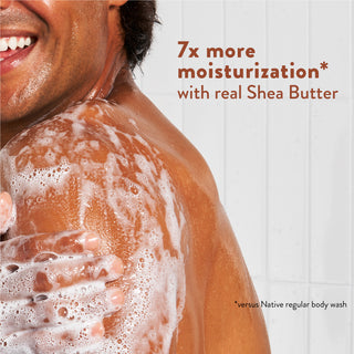 Person lathering in shower with text reading “7x more moisturization* with real Shea Butter”