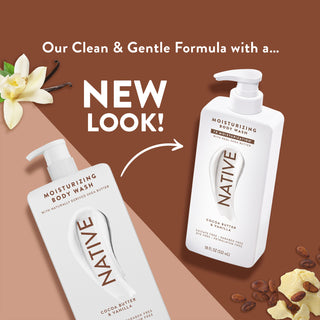 Native Cocoa Butter & Vanilla Body Wash promoting “Our Clean & Gentle formula with a... NEW LOOK!”