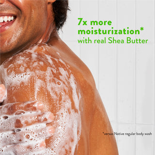 Person lathering in shower with text reading “7x more moisturization* with real Shea Butter”