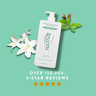 Native Lily Milk & White Sage product with text reading “Over 150,000, 5-star reviews” and five stars