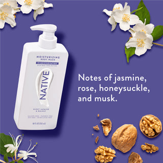 Native Night Jasmine & Walnut Body Wash promoting “Notes of jasmine, rose, honeysuckle, and musk”