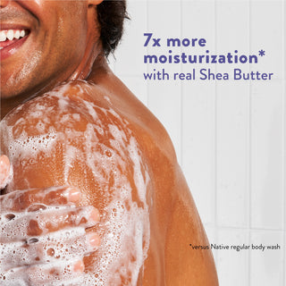 Person lathering in shower with text reading “7x more moisturization* with real Shea Butter”