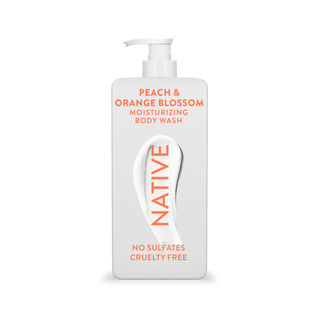Native Peach & Orange Blossom Body Wash with text reading “No Sulfates, Cruelty Free” on white bottle