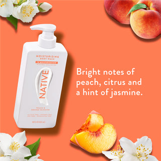 Native Peach & Orange Blossom Body Wash promoting “Bright notes of peach, citrus and a hint of jasmine”