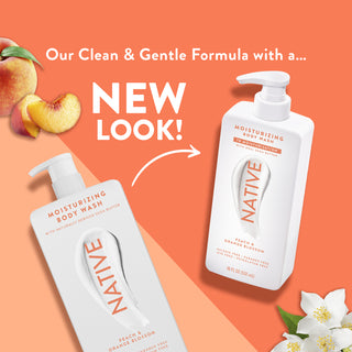 Native Peach & Orange Blossom Body Wash promoting “Our Clean & Gentle formula with a... NEW LOOK!”