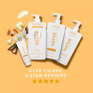 Native Shea Butter & Almond product lineup with text reading “Over 150,000, 5-star reviews” and five stars
