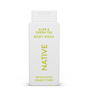 Native Aloe & Green Tea Body Wash with text reading “No Sulfates, Cruelty Free” on white bottle