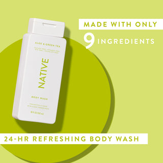 Native Aloe & Green Tea Body Wash with text reading “Made with only 9 clean ingredients” and “24-HR refreshing body wash”