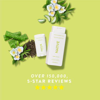 Native Aloe & Green Tea product lineup with text reading “Over 150,000, 5-star reviews” and five stars