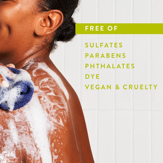 Person lathering in shower with text reading “Free of sulfates, parabens, phthalates, dye, vegan & cruelty free”