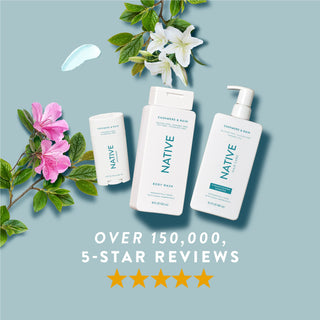 Native Cashmere & Rain product lineup with text reading “Over 150,000, 5-star reviews” and five stars