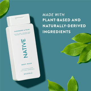 Native Cashmere & Rain Body Wash with text reading “Made with plant-based and naturally-derived ingredients” next to green leaves