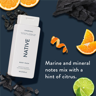 Native Charcoal Body Wash promoting “Marine and mineral notes mix with a hint of citrus”