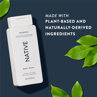 Native Charcoal Body Wash with text reading “Made with plant-based and naturally-derived ingredients” next to green leaves
