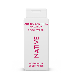 Native Cherry & Vanilla Macaron Body Wash with text reading “No Sulfates, Cruelty Free” on white bottle