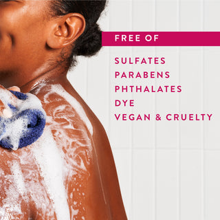 Person lathering in shower with text reading “Free of sulfates, parabens, phthalates, dye, vegan & cruelty free”