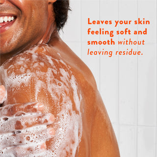 Person lathering with body wash and text reading “Leaves your skin feeling soft and hydrated without leaving a residue”