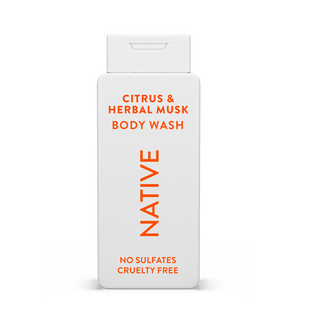 Native Citrus & Herbal Musk Body Wash with text reading “No Sulfates, Cruelty Free” on white bottle