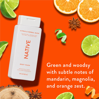 Native Citrus & Herbal Musk Body Wash promoting “Green and woodsy with subtle notes of mandarin, magnolia, and orange zest”