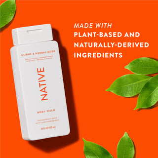 Native Citrus & Herbal Musk Body Wash with text reading “Made with plant-based and naturally-derived ingredients” next to green leaves