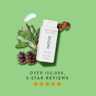 Native Coastal Oak & Amber product with text reading “Over 150,000, 5-star reviews” and five stars