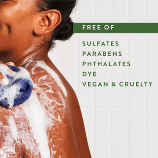 Person lathering in shower with text reading “Free of sulfates, parabens, phthalates, dye, vegan & cruelty free”