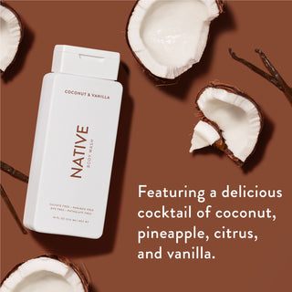 Native Coconut & Vanilla Body Wash promoting “Featuring a delicious cocktail of coconut, pineapple, citrus, and vanilla”