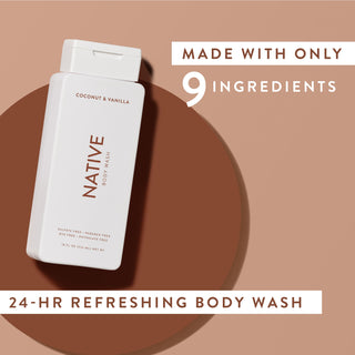 Native Coconut & Vanilla Body Wash with text reading “Made with only 9 clean ingredients” and “24-hr refreshing body wash”