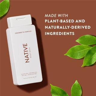Native Coconut & Vanilla Body Wash with text reading “Made with plant-based and naturally-derived ingredients” next to green leaves