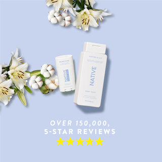 Native Cotton & Lily product lineup with text reading “Over 150,000, 5-star reviews” and five stars