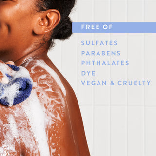 Person lathering in shower with text reading “Free of sulfates, parabens, phthalates, dye, vegan & cruelty free”