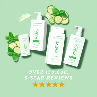 Native Cucumber & Mint product lineup with text reading “Over 150,000, 5-star reviews” and five stars