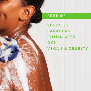 Person lathering in shower with text reading “Free of sulfates, parabens, phthalates, dye, vegan & cruelty free”