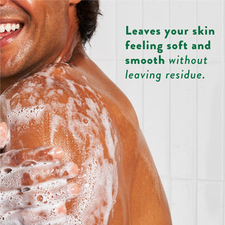 Person lathering with body wash and text reading “Leaves your skin feeling soft and hydrated without leaving a residue”