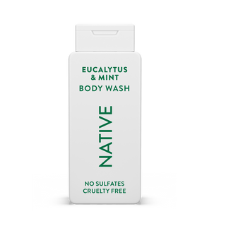Native Eucalyptus & Mint Body Wash with text reading “No Sulfates, Cruelty Free” on white bottle