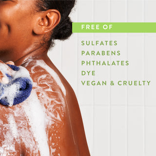 Person lathering in shower with text reading “Free of sulfates, parabens, phthalates, dye, vegan & cruelty free”