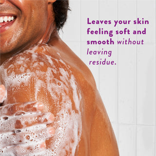 Person lathering with body wash and text reading “Leaves your skin feeling soft and hydrated without leaving a residue”