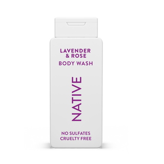 Native Lavender & Rose Body Wash with text reading “No Sulfates, Cruelty Free” on white bottle