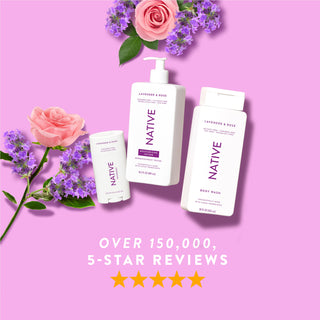 Native Lavender & Rose product lineup with text reading “Over 150,000, 5-star reviews” and five stars