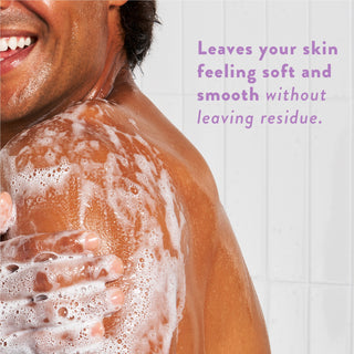 Person lathering with body wash and text reading “Leaves your skin feeling soft and hydrated without leaving a residue”